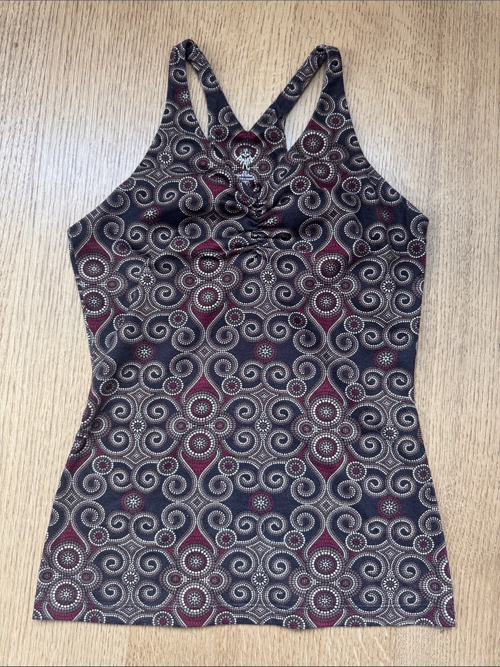 Prana Brown, Red, and White Swirl Racerback Tank